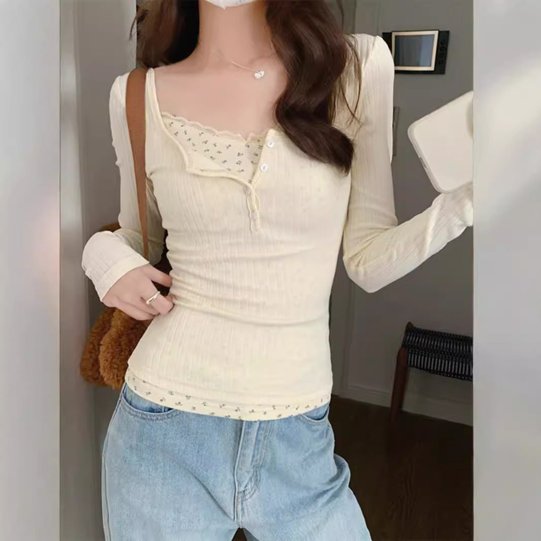 Lace Trim Round Neck Long Sleeve Tee