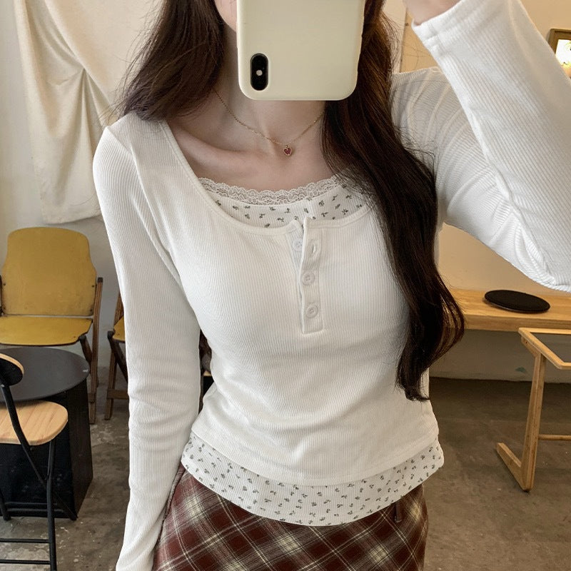 Lace Trim Round Neck Long Sleeve Tee