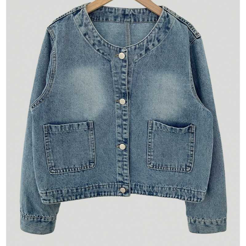 Vintage Round Neck Light Wash Denim Jacket