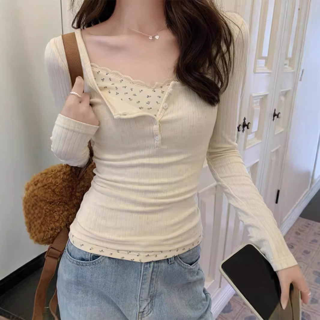 Lace Trim Round Neck Long Sleeve Tee