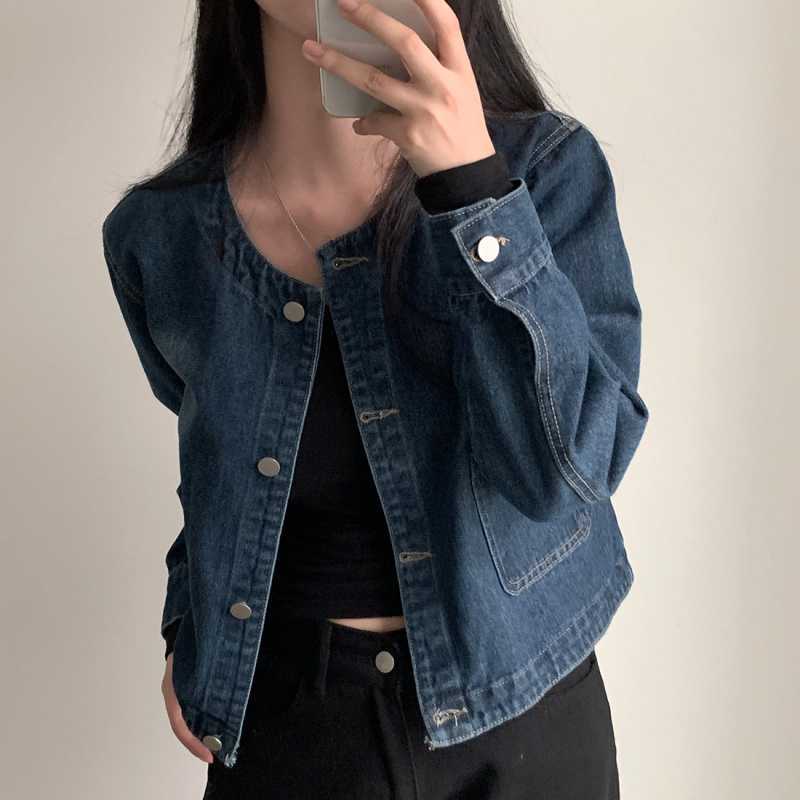 Vintage Round Neck Light Wash Denim Jacket