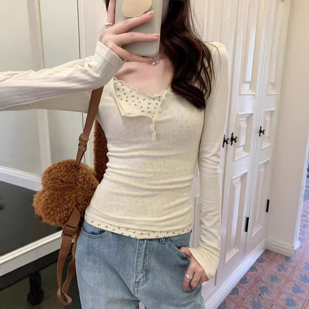 Lace Trim Round Neck Long Sleeve Tee