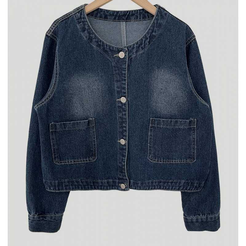 Vintage Round Neck Light Wash Denim Jacket