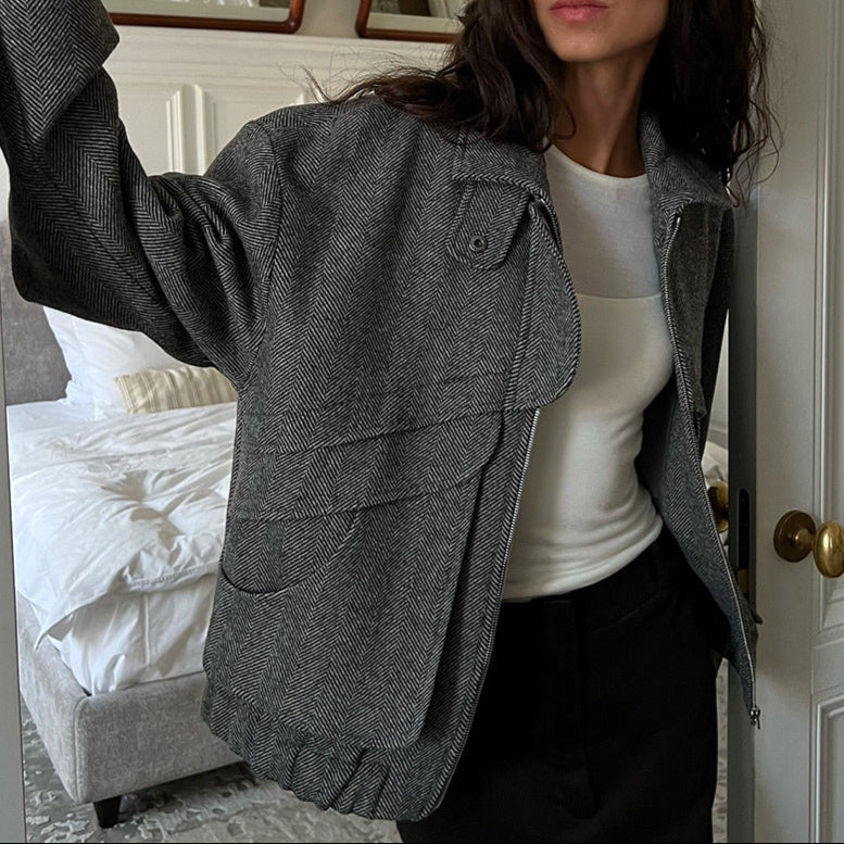 Vintage Stand-up Collar Zip Up Jacket