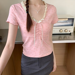 Ruffled V-Neck Floral Short Sleeve Tee