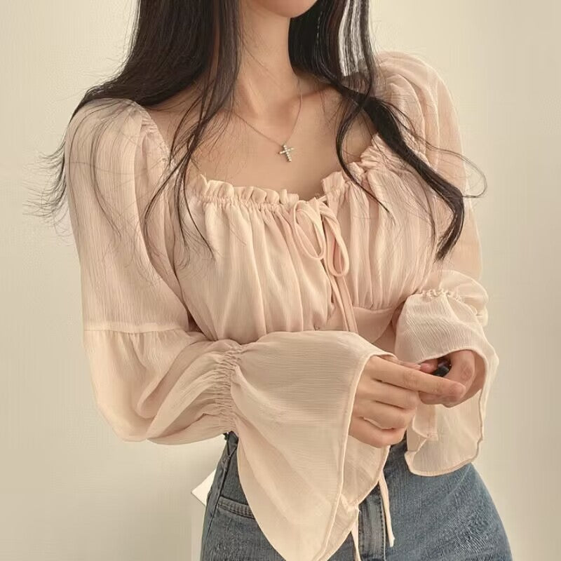 Solid Color Elastic Square Neck Puff Sleeve Blouse