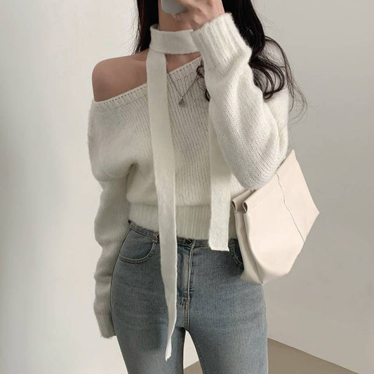 Solid Color Off-shoulder Long Sleeve Sweater