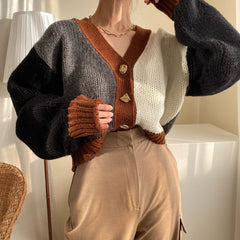 V-Neck Patchwork Oversized Knitted Cardigan