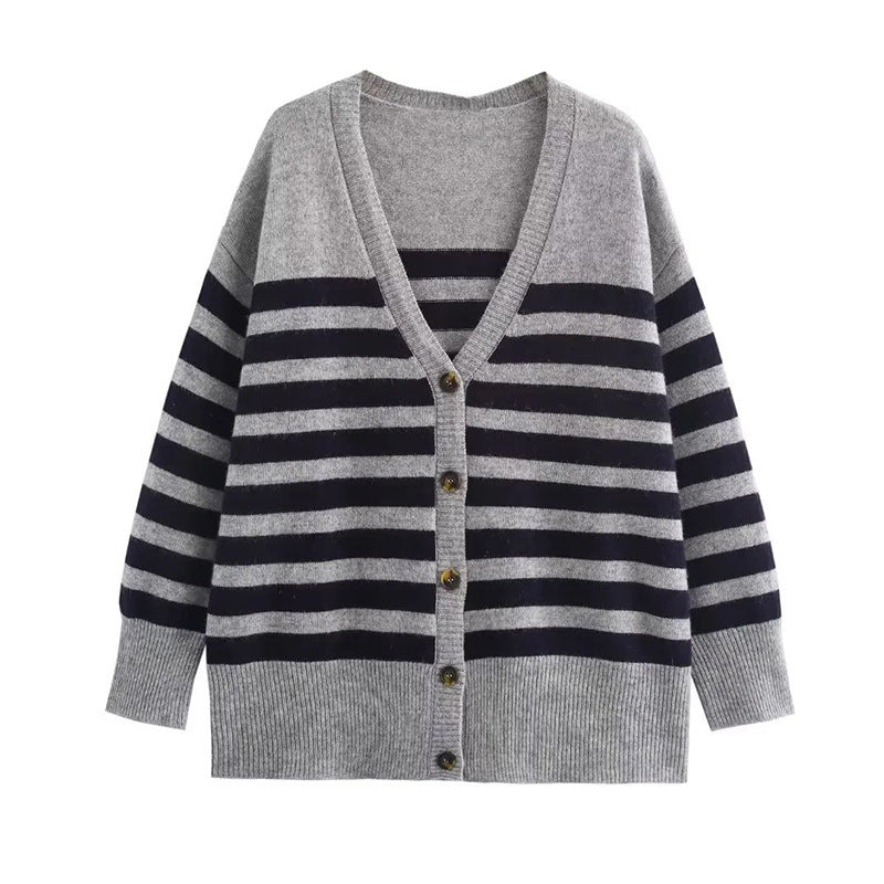 V-Neck Striped Oversized Knitted Cardigan