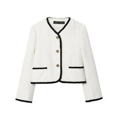 White jacket with black trim on a white background
