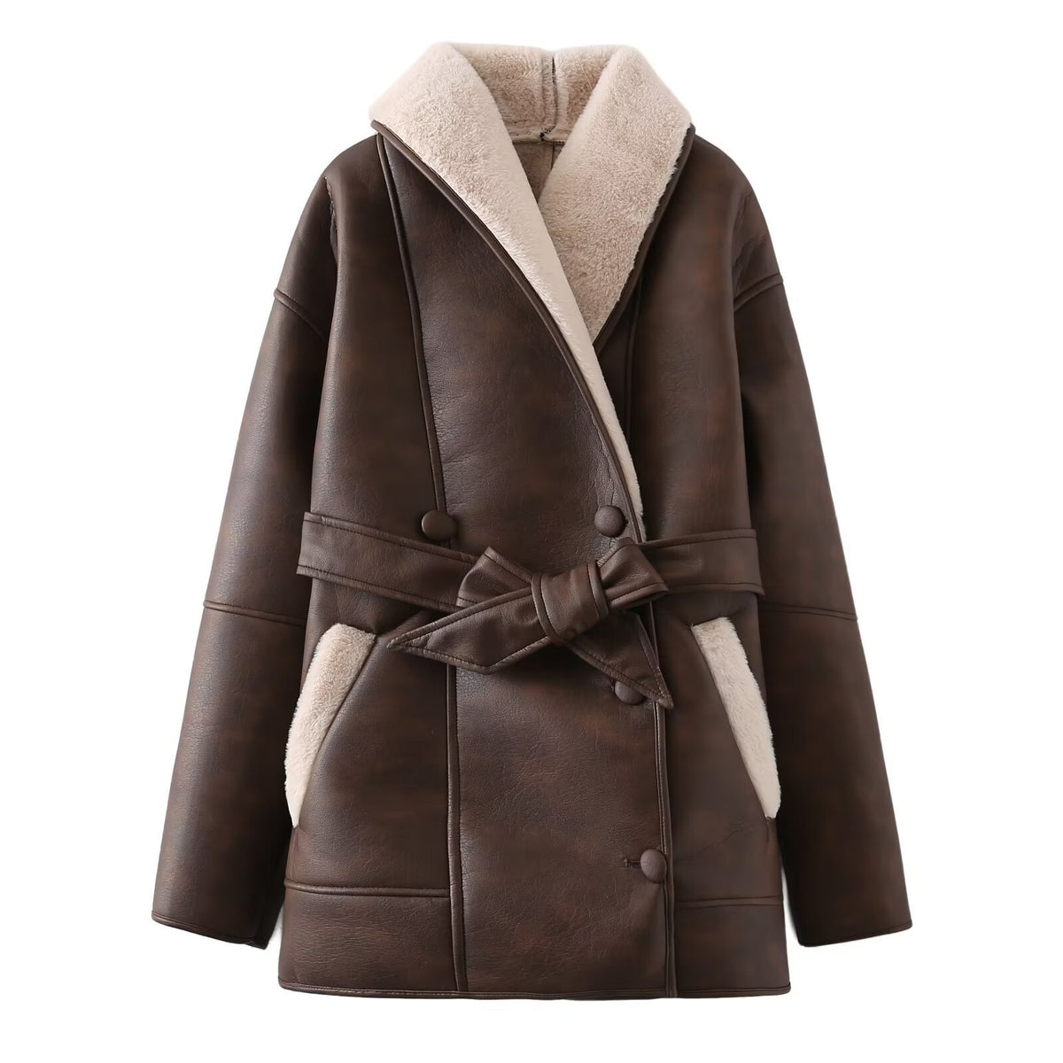 Vintage Fur Collar Pu Leather Belt Coat