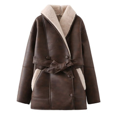 Vintage Fur Collar Pu Leather Belt Coat