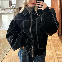Vintage Sewing Detail Oversized Pu Leather Jacket