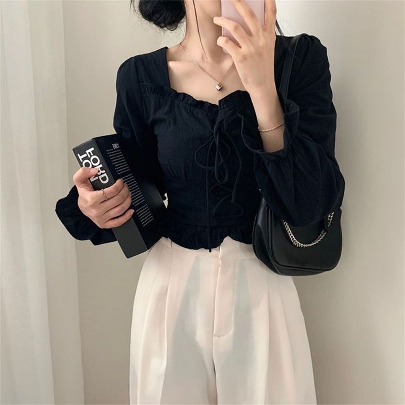 Square Collar Front Tie Ruffled Long Sleeve Blouse