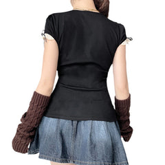 Lace Stitching Bow Square Collar High Waist Short Sleeve T-shirt Top