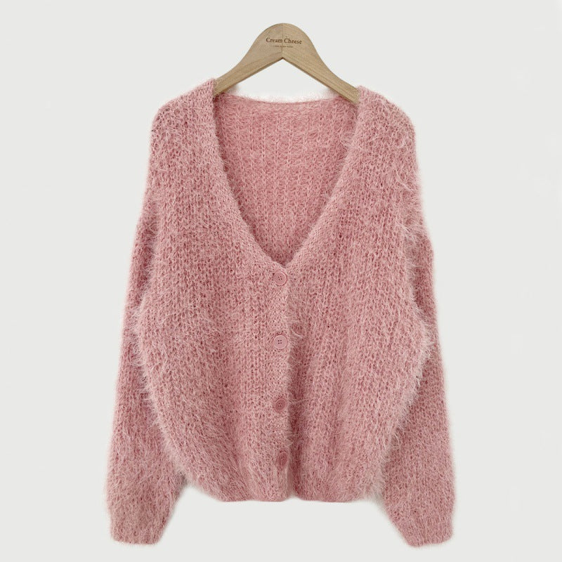 V-neck Knitted Fuzzy Cardigan