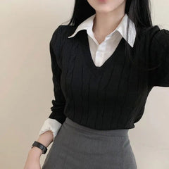 Polo Collar Cable Knit Fake Two-piece Knitted Tee