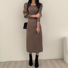 Square Collar Puff Sleeve Midi Dress