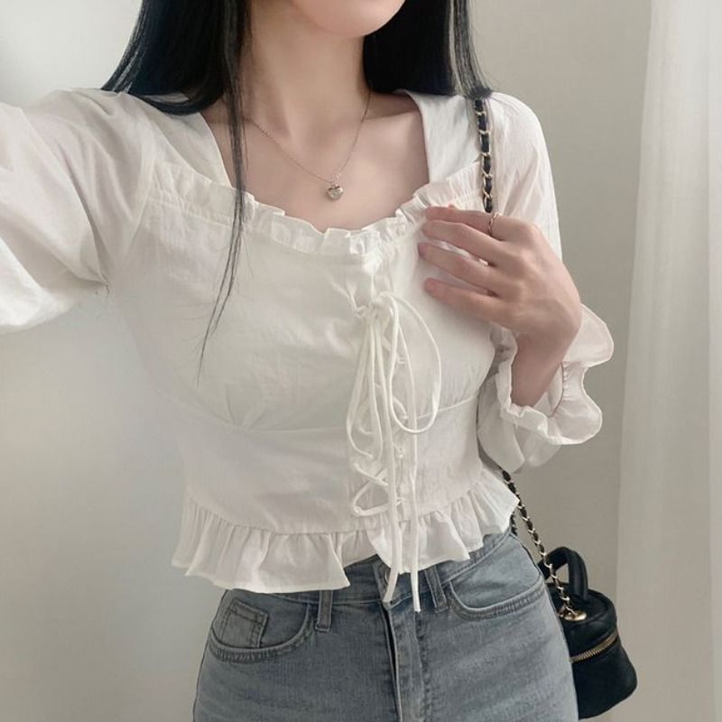 Square Collar Front Tie Ruffled Long Sleeve Blouse