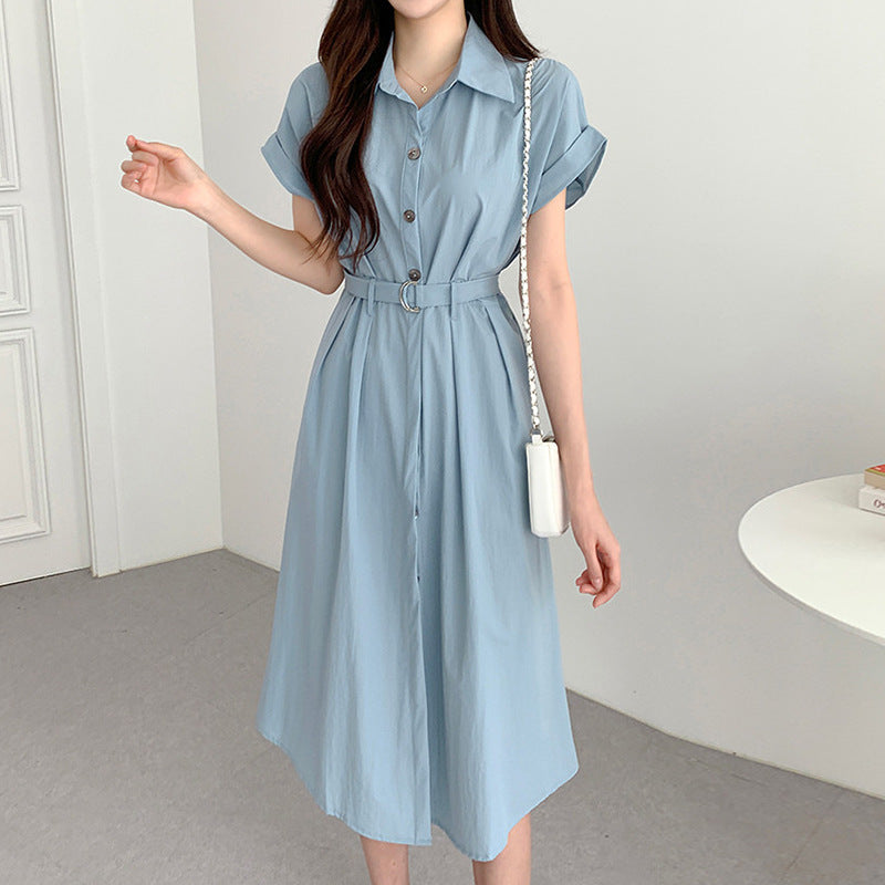 Solid Color Polo Collar Short Sleeve Maxi Dress