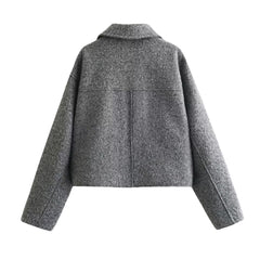 Autumn And Winter New Bead Leather Woolen Short Jacket Polo Collar Solid Color