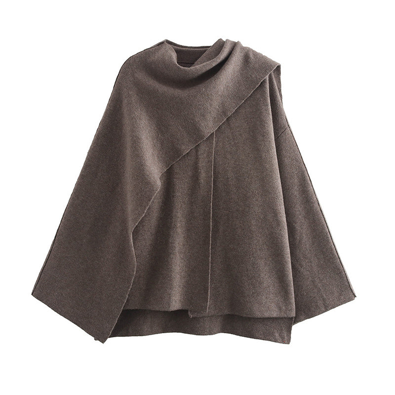 Solid Knitted Cardigan With Asymmetrical Scarf Set