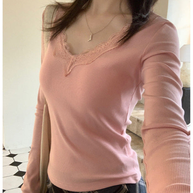 V-Neck Lace Trim Slim Long Sleeve Tee