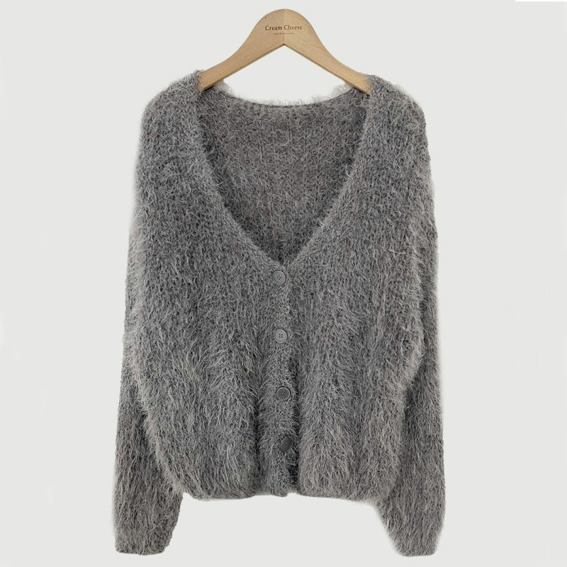 V-neck Knitted Fuzzy Cardigan