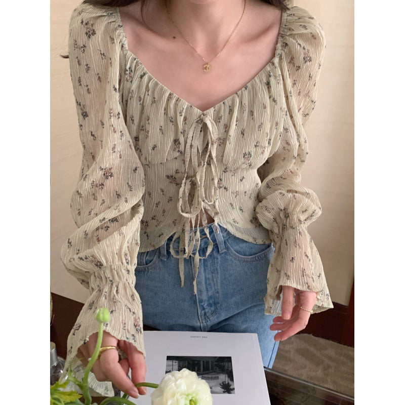 Square Collar Floral Thin Chiffon Top