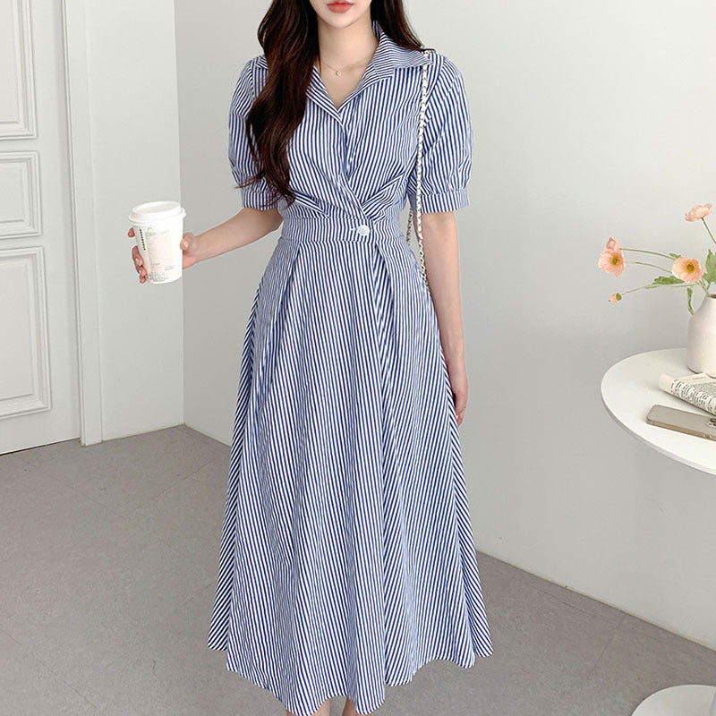 Vintage Striped Waist-tight Puff Sleeve Maxi Dress