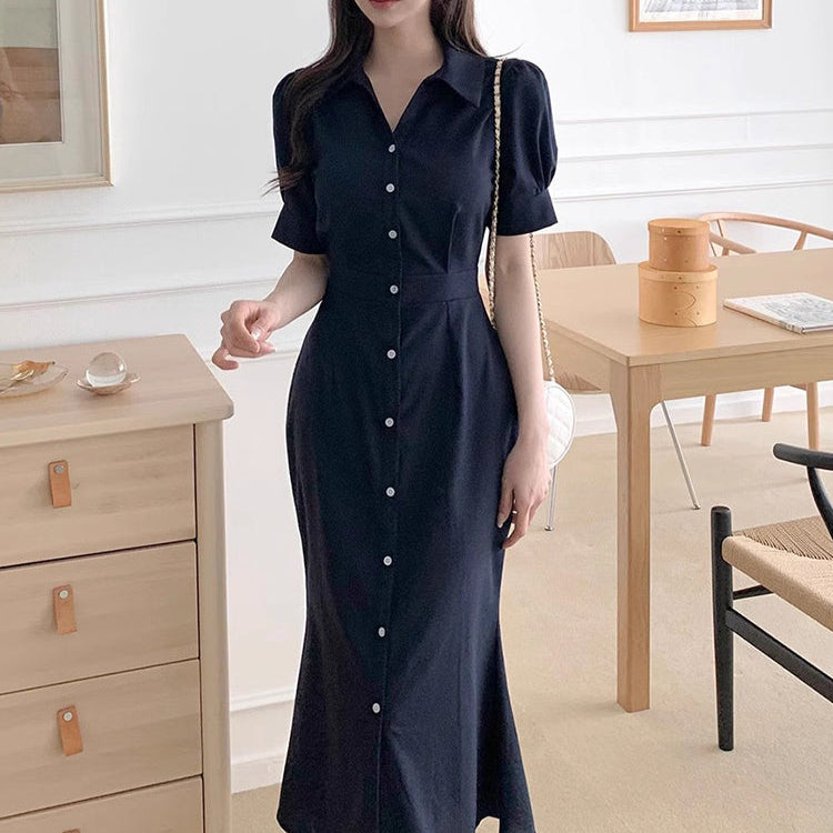 Solid Color Short Sleeve Button Bodycon Midi Dress