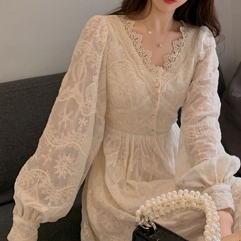 Vintage Lace Trim Puff Sleeve Maxi Dress