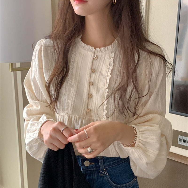 Vintage Lace Trim Puff Long Sleeve Blouse