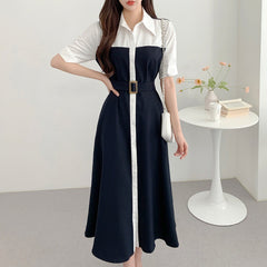 Contrast Color Belted Short Sleeve Midi Dress