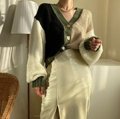 V-Neck Patchwork Oversized Knitted Cardigan