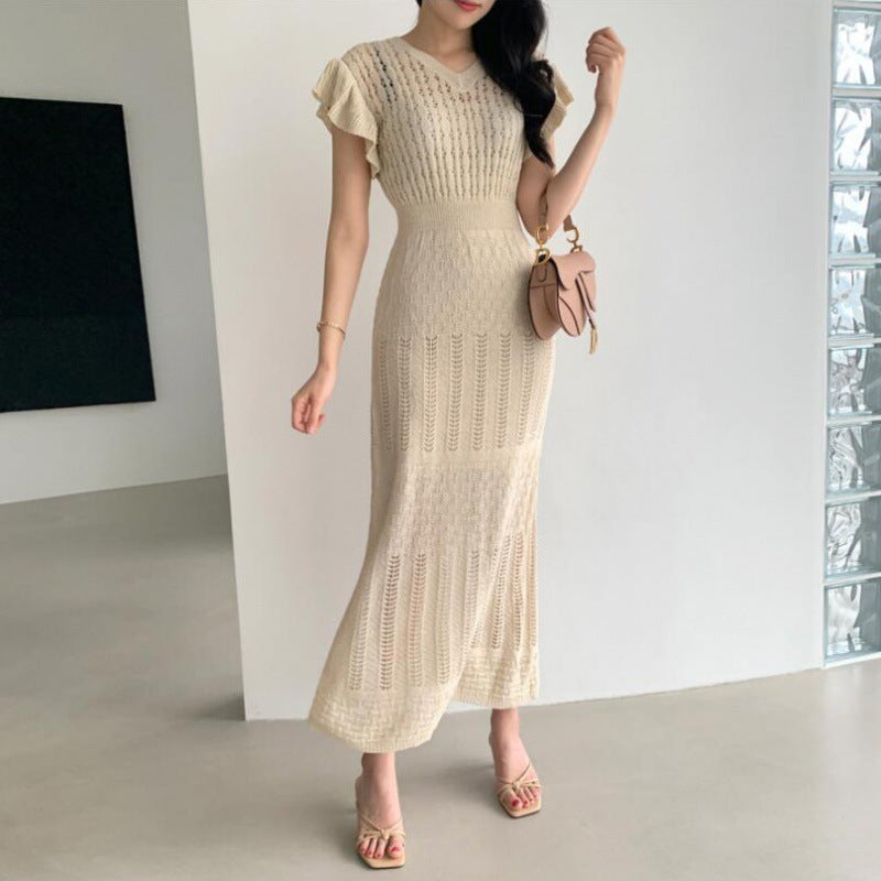 V-neck Short Sleeve Crochet Knitted Maxi Dress