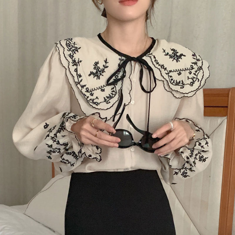 Embroidered Floral Collar Bow Tie Long Sleeve Blouse