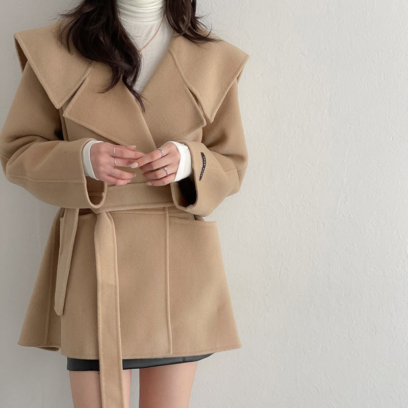 Solid Color Lamb Wool Mid Length Belt Coat