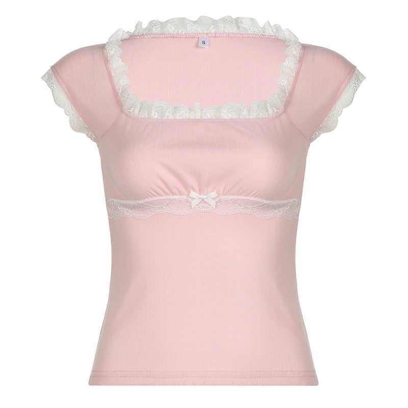 Lace Trim Bow Square Neck Short Sleeve Tee