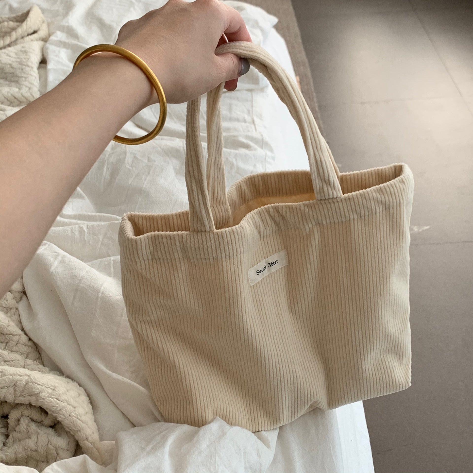 Solid Color Corduroy Tote Bag