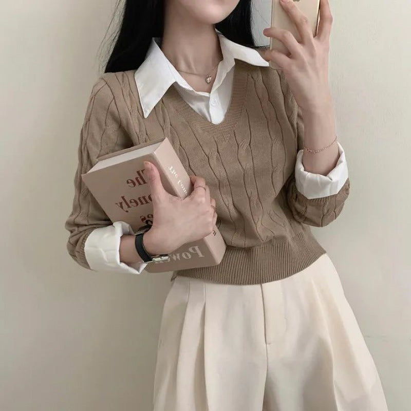 Polo Collar Cable Knit Fake Two-piece Knitted Tee