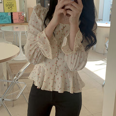 Gentle Small Floral Square Collar Slimming And Short Shirt