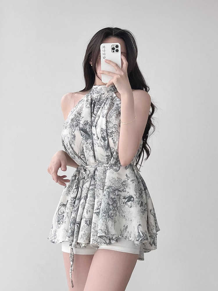 Vintage Stand Collar Ink Printing Chiffon Shirt
