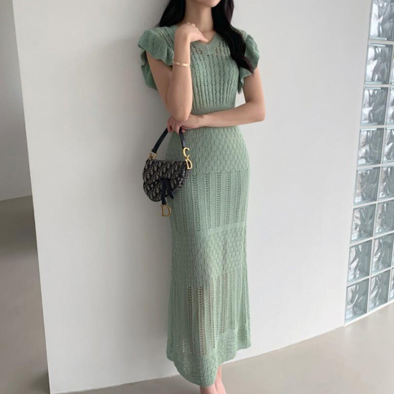 V-neck Short Sleeve Crochet Knitted Maxi Dress