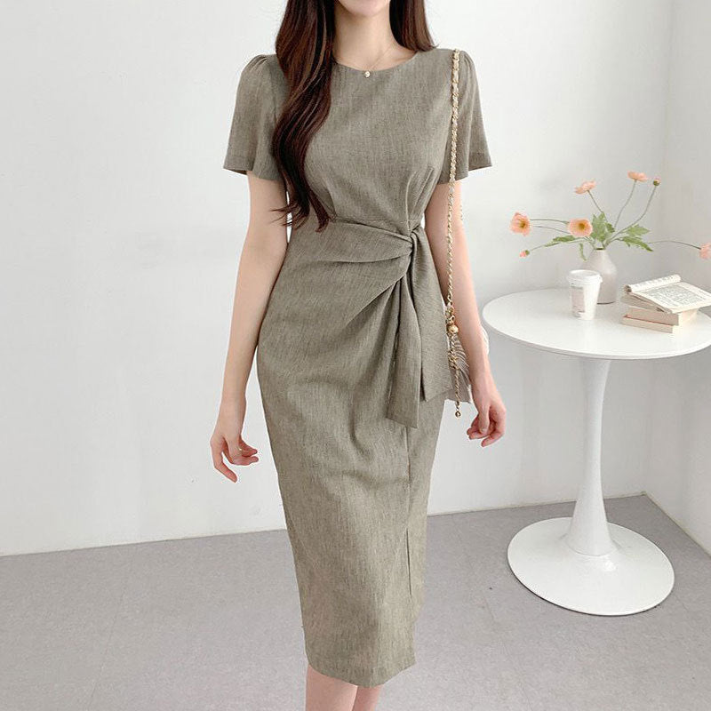 Round Neck Twist Tie Waist Midi Dress