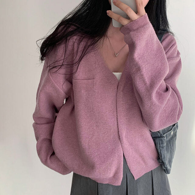 Solid Color V-neck Oversized Cardigan