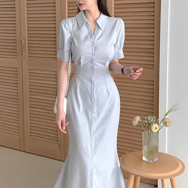 Solid Color Short Sleeve Button Bodycon Midi Dress