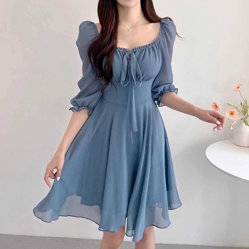 Square Collar Puff Half Sleeve Mini Dress