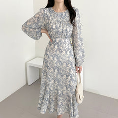 Round Neck Floral Long Sleeve Dress