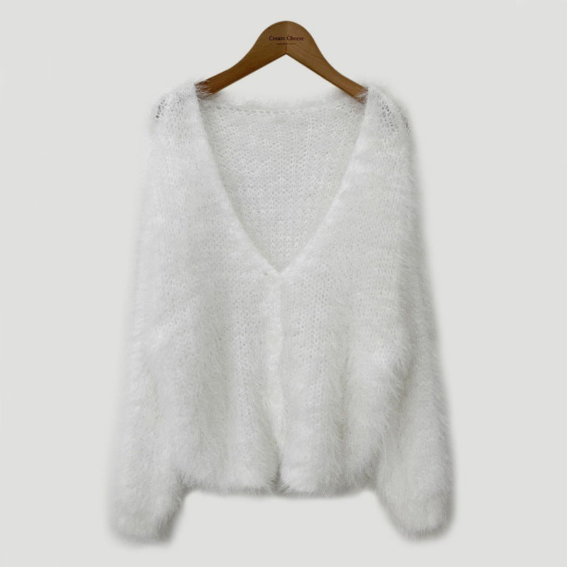 V-neck Knitted Fuzzy Cardigan